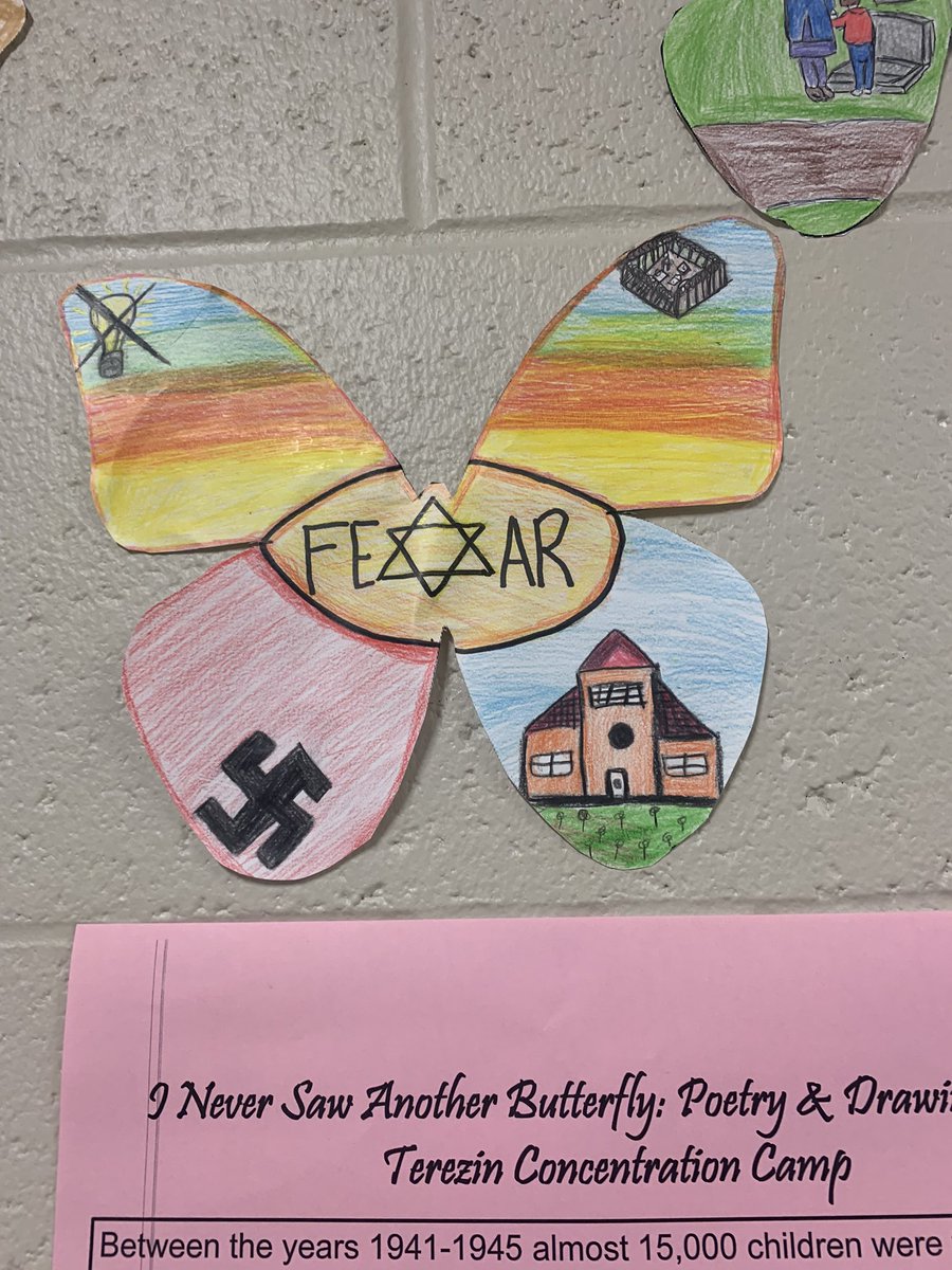 My 8th graders created butterflies to represent a poem from the collection “I never saw another butterfly” that children wrote during their imprisonment in Terezin concentration camp.