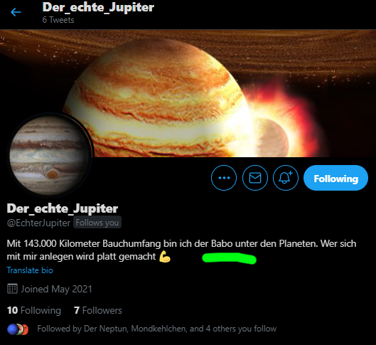 BabaIsKing's tweet photo. @EchterJupiter Du bist vielleicht der BABO unter den Planeten... Aber Du wirst niemals der BABA sein. Hahahaaa 😝

Wann findet eigentlich die große Planeten-Party statt? Und wieviele Leute kann man mitbringen? Ich frag' für 'nen alten Freund... https://t.co/4yFAKswhKD