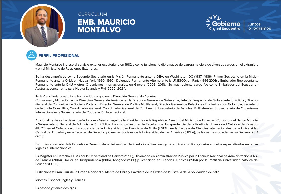 Presentamos el Currículum del Embajador Mauricio Montalvo (<a href="/MMontalvoEC/">Mauricio Montalvo</a>), Ministro de Relaciones Exteriores y Movilidad Humana del Ecuador. ➡️ bit.ly/34bGrw2
¡Bienvenido  Canciller a su casa!
#JuntosLoLogramos 🇪🇨