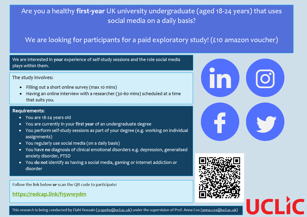 I'm recruiting 1st-year university undergraduates (18-24 yrs old) who use social media on a daily basis for a paid explorative study (£10 Amazon voucher)!

Link to participate: redcap.link/f15wwydm