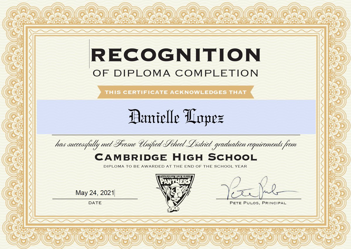 Cambridge High School is proud to announce Danielle Lopez as our newest graduate. Way to go Danielle!! Who's next??? Go Panthers!!! <a href="/fresnounified/">Fresno Unified</a> <a href="/MommaLoew/">Leslie Loewen</a> <a href="/center_erc/">Educational Resource Center (ERC)</a> <a href="/CCEAeducation/">CCEA Plus</a>