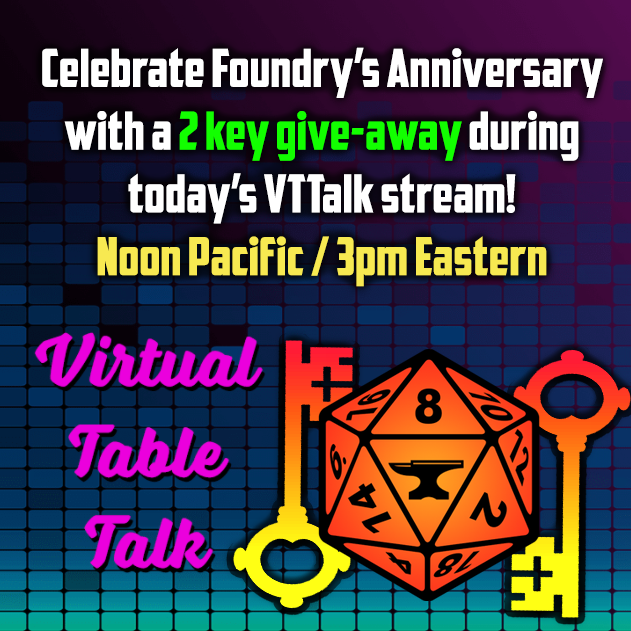 PEG_Games's tweet photo. @FoundryVTT is turning 1 and they're celebrating by giving YOU presents! Tune in today at Noon Pacific / 3pm Eastern to #VirtualTableTalk at https://t.co/GGHJMrNZC1 for your chance to win a free key to play #SavageWorlds on #Foundry #vtt. https://t.co/lCGXwfX2Vo