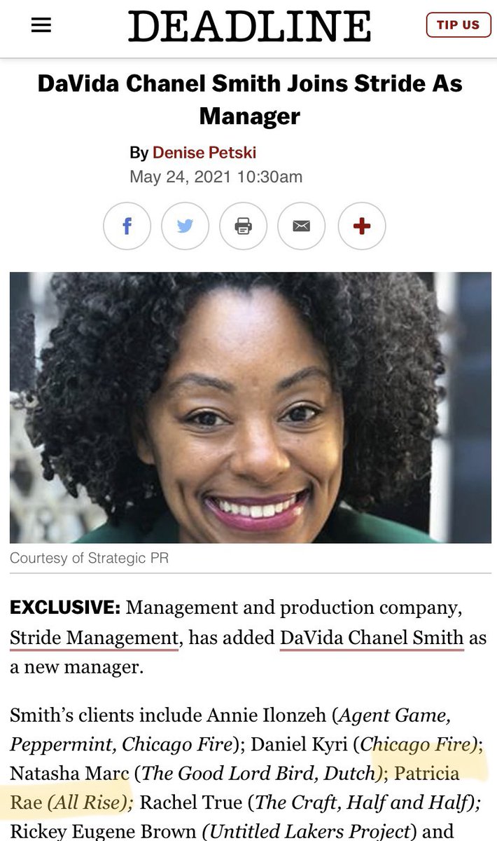 thePatriciaRae's tweet photo. Not everyday you get mentioned in #deadline
#stridemanagement #davidasmith #newreps #actors https://t.co/0jzRCAf3js