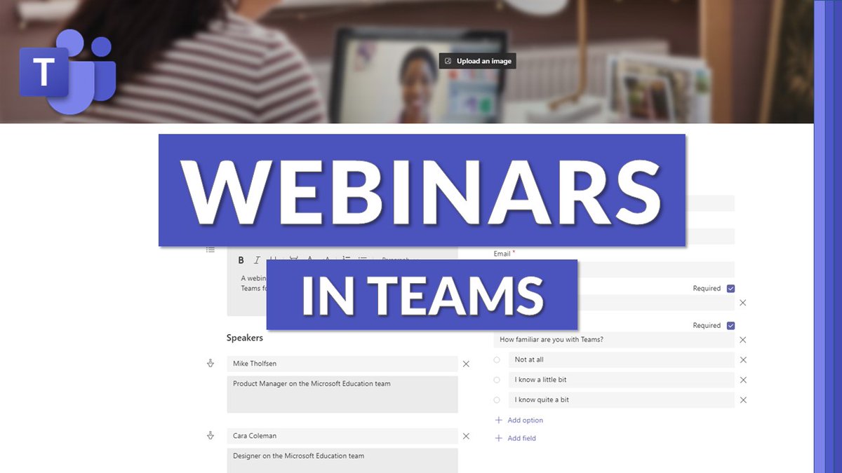 mtholfsen's tweet photo. A tutorial on using the NEW built-in Webinar feature in #MicrosoftTeams 🌐 Host 1,000 people interactively, &amp; up to 10,000 in view-only mode. Webinars are starting to roll out now!
 
✅ Create
✅ Run
✅ Wrap-up

YouTube 📺 https://t.co/9vE4m7rwAd

#edtech #MIEExpert https://t.co/KBKuFoWfCq