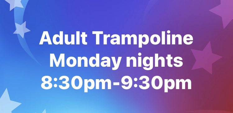 PCTC (@bounceatpctc) on Twitter photo 🎉We are so excited for Adult Trampoline tonight 🎉
⏰Running between 8:30pm-9:30pm with BG qualified coaches. #NoKidsAllowed 😂
📧15 places available, booked and paid for via email on a first come first served basis, please email bounce@pctc.org.uk 🎉We are so excited for Adult Trampoline tonight 🎉
⏰Running between 8:30pm-9:30pm with BG qualified coaches. #NoKidsAllowed 😂
📧15 places available, booked and paid for via email on a first come first served basis, please email bounce@pctc.org.uk