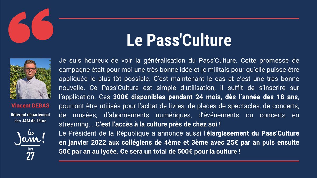 Vincent_D27's tweet photo. Le généralisation du #PassCulture est une très bonne nouvelle ! 

Dès maintenant :
✅ 300€ dès l'année des 18 ans pendant 24 mois

Dès janvier 2022 :
✅ 25€/an pour les collégiens de 4ème et 3ème
✅ 50€/an pour les lycéens.

➡️ Soit un total de 500€ pour la culture ! https://t.co/oN2IyKOgWf