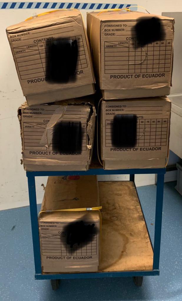 Marechaussee's tweet photo. Op Schiphol is vandaag 300 kilo cocaïne onderschept en in beslag genomen. Het CargoHarc-team Schiphol, een samenwerking van Marechaussee met @FIOD en @Douane doet verder onderzoek. https://t.co/JrEFQJfptk https://t.co/K0tAOYf8QD