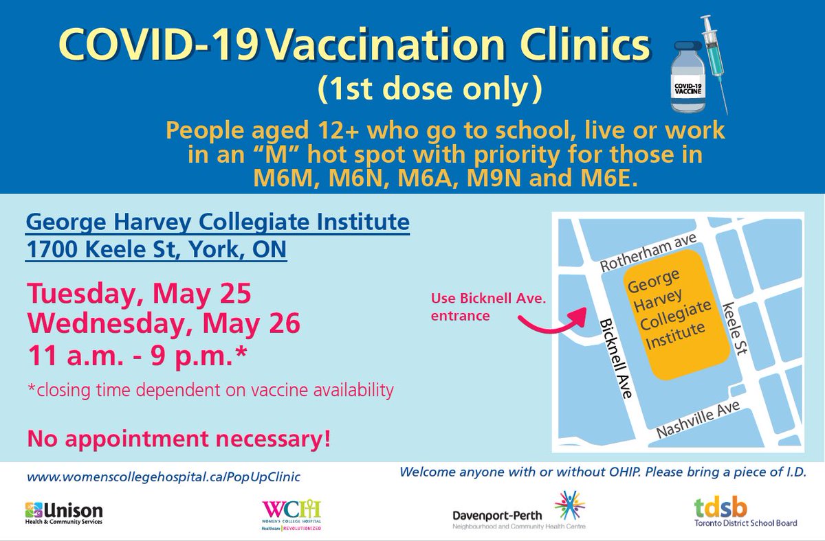 We will be back in action this Tuesday and Wednesday with TWO clinic locations!

📍Oakwood Collegiate 
📍George Harvey Collegiate

✅ For those 12+ going to school, living or working in an “M” hot spot

⏰May 25-26 from 11AM-9PM

First doses only (Pfizer)

Details below! 💫