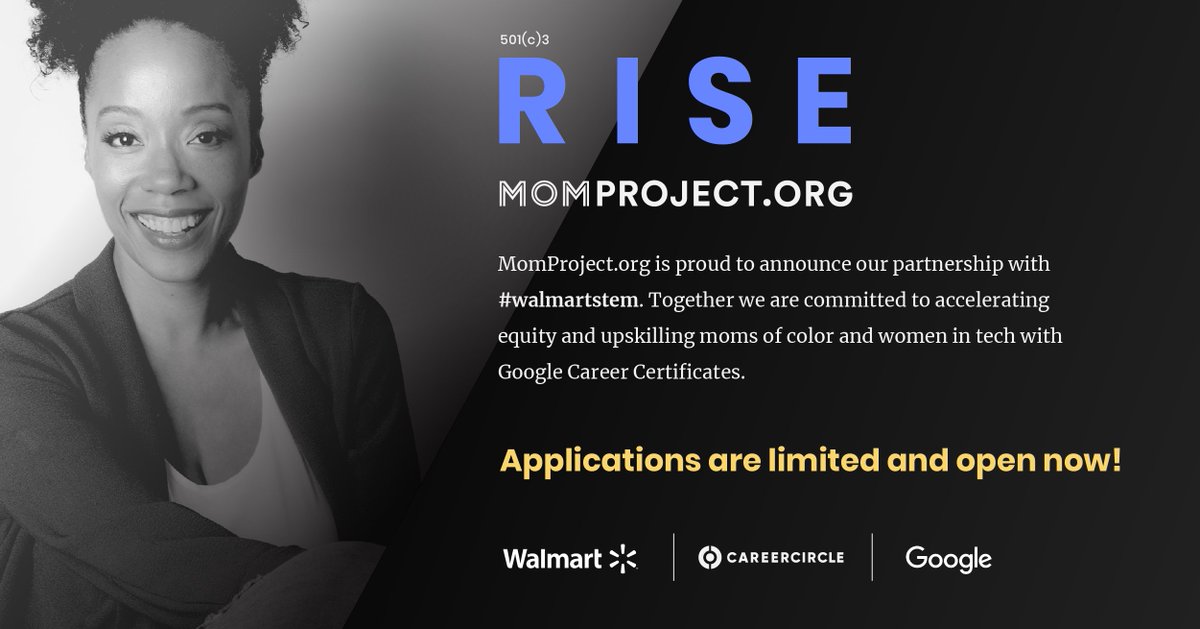 The_Mom_Project's tweet photo. We are proud to announce https://t.co/fzVc1ilVEX's partnership with #Walmartstem.
Applications are open. Apply here: https://t.co/QmtKjQZqsQ
#RISEUP #growwithgoogle #walmartstem #careercircle @Walmart @Google https://t.co/4fo73JIkCe