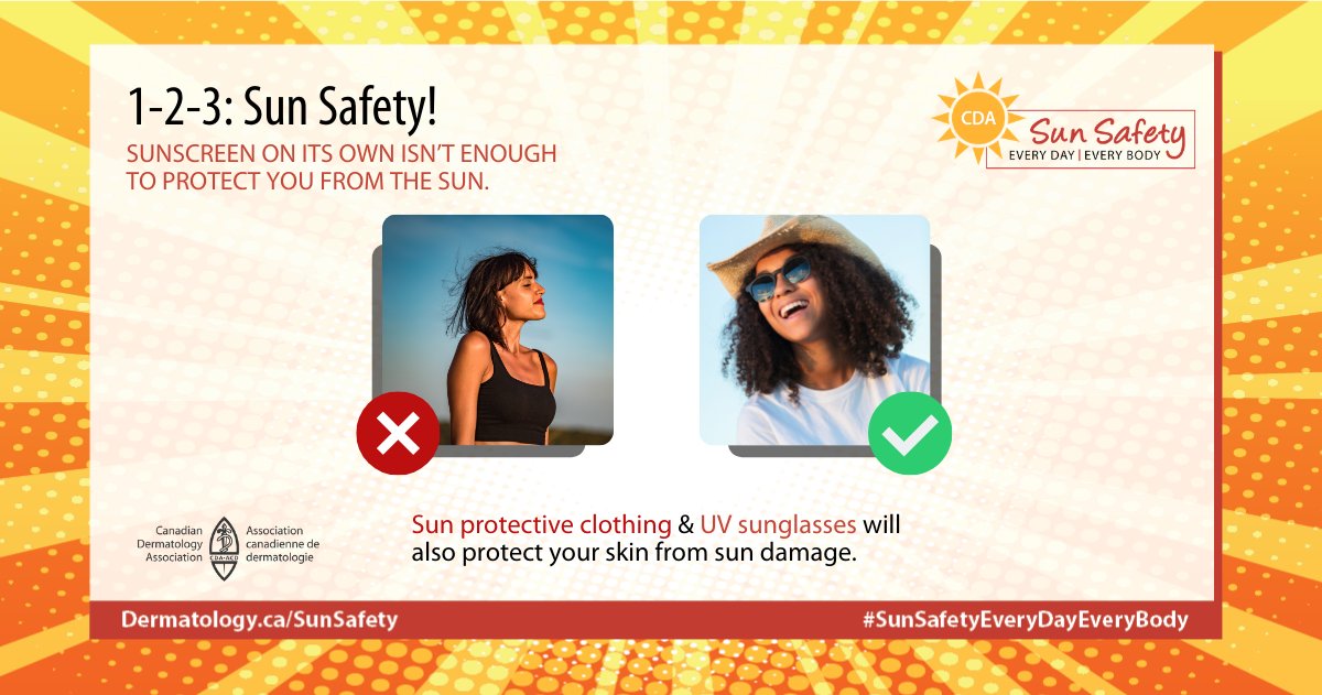 Clothing &amp; sunglasses are just as important as sunscreen to protect your skin. For sunglasses, choose those with UV protection. For clothes, the tighter the weave, the better the protection. Get more tips here: bit.ly/2Bi1rXe  #SunSafetyEveryDayEveryBody