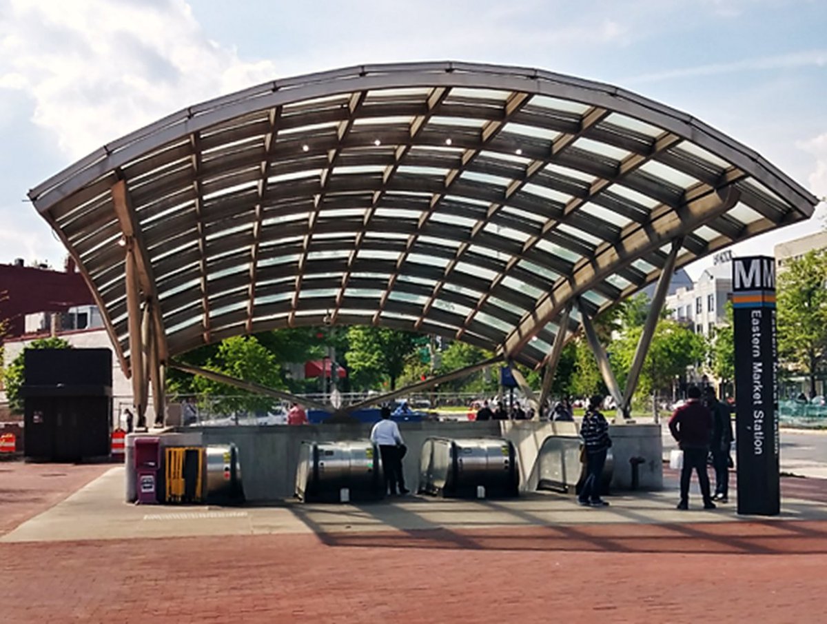 EasternMarketMS's tweet photo. Blue line metro rail service returned to @EasternMarketMS this weekend. @wmata will expand bus service starting June 6th: https://t.co/nmLWCV5AOX. We look forward to additional service increases (and reduced fares?) in support of our workers, residents and visitors. #ReopenDC https://t.co/ZURBBhXjcN