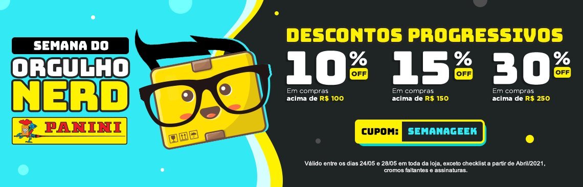 🚨Está tendo a promoção Orgulho Nerd na loja Panini ate o dia 28/05
📌Use o cupom SEMANAGEEK para ter desconto progressivo!
📌Não é válida a partir de ABRIL/2021 e assinaturas!!

10%: + de 100 reais
15%: + de 150 reais
30%: + de 250 reais
Link: apretailer.com.br/click/60a2866c…