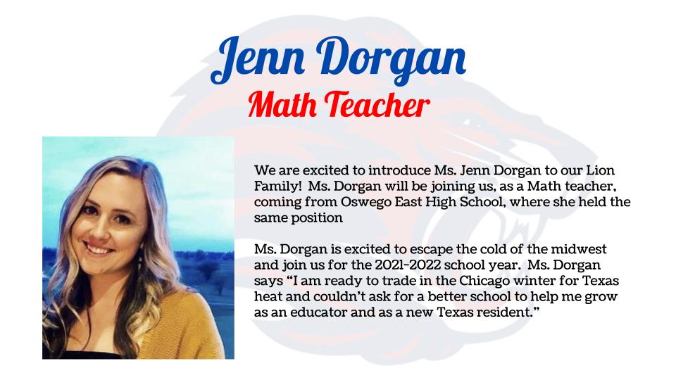 Join us in saying, "Howdy!" to the newest Texan and our new math teacher, Jenn Dorgan! The math team is excited to add (😉) her to the group. #pridein001 #1LISD