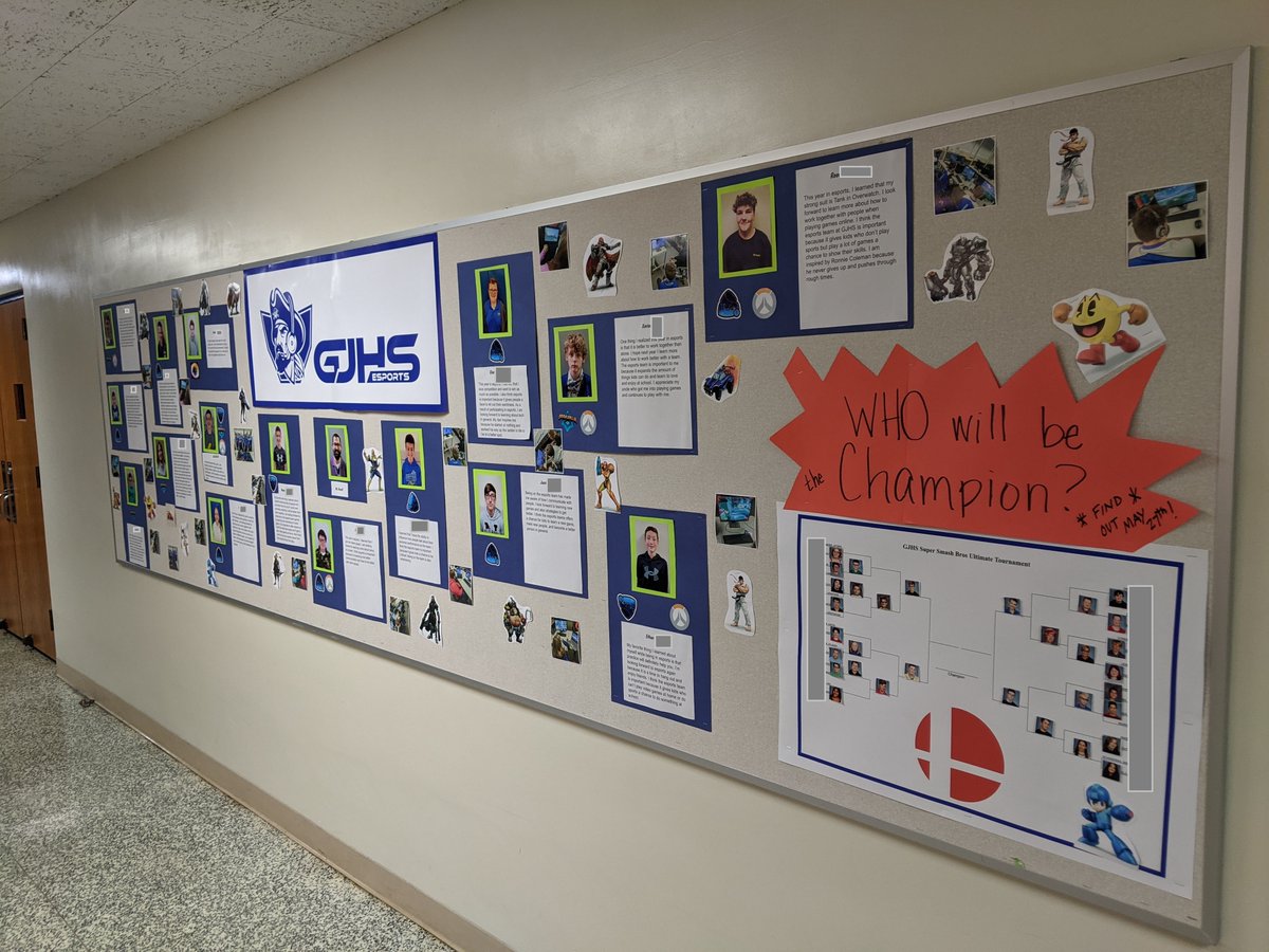GjhSesports's tweet photo. Thanks @Dana_Calfee for making a wonderful board to celebrate the #GJHS Esports Team. It features our #SuperSmashBrosUltimate tournament bracket. The finals of the tournament will be streamed noon on May, 27 https://t.co/HFJs5gt95z @GSEsportsorg @GJHSPrincipal @stemconnects https://t.co/M6Ael41ri6