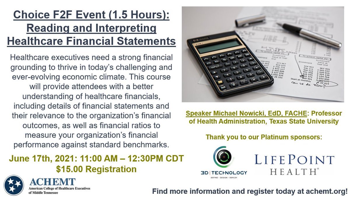 ACHEMT1's tweet photo. Join us for our upcoming virtual choice F2F event, "Reading and Interpreting Healthcare Financial Statements"! Speaker Michael Nowicki will share general financial insight tailored to non-clinical healthcare leadership. 

Learn more and register below! #ACHE  #healthcare #Finance https://t.co/gk7V35A2ah