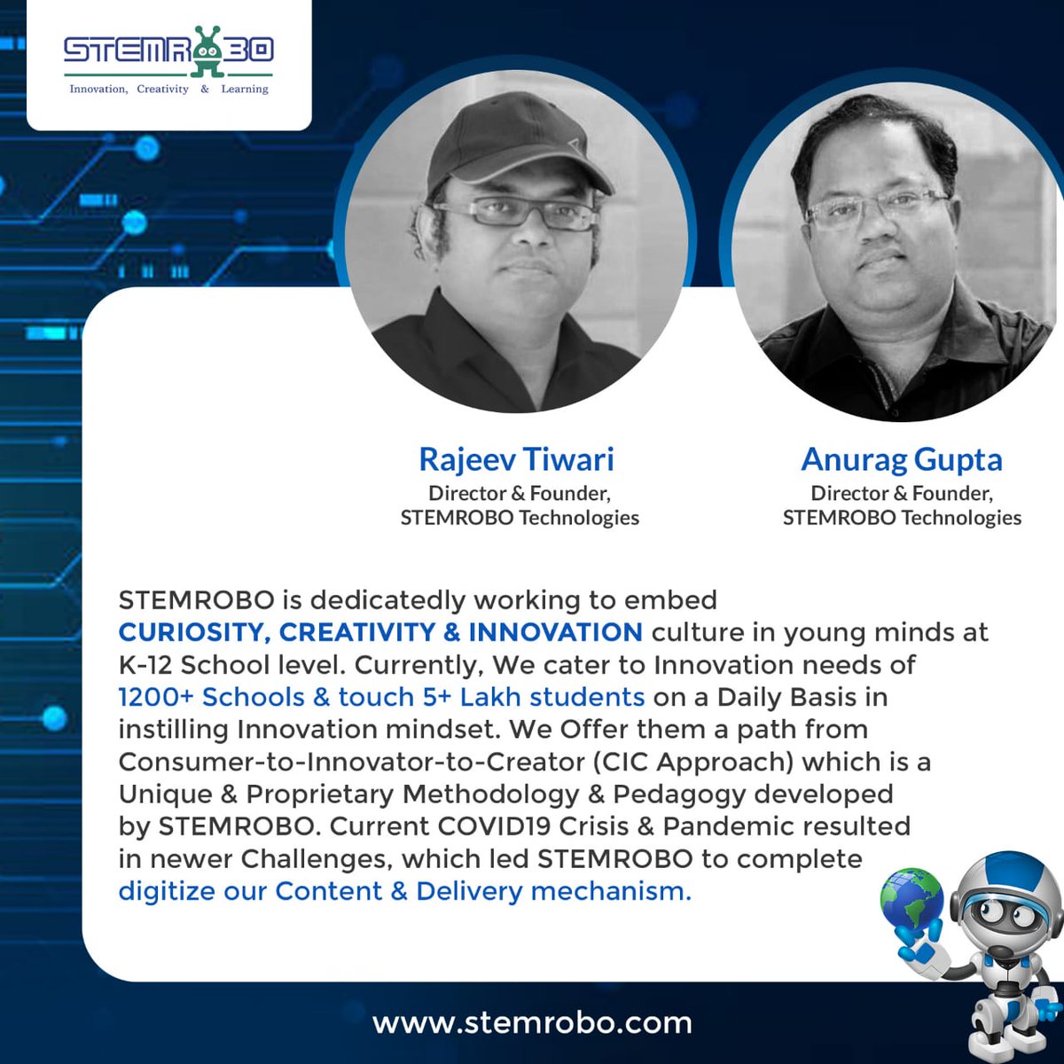 Words by the Founders of STEMROBO….
Mr. Rajeev Tiwari & Mr. Anurag Gupta

Visit us at
stemrobo.com

#founders #innovation #ai #digitaltransformation  #creativity #creativityandinnovation #education2021 #educating #ATL #robotics #AI  #educationtechnology #coursesonline