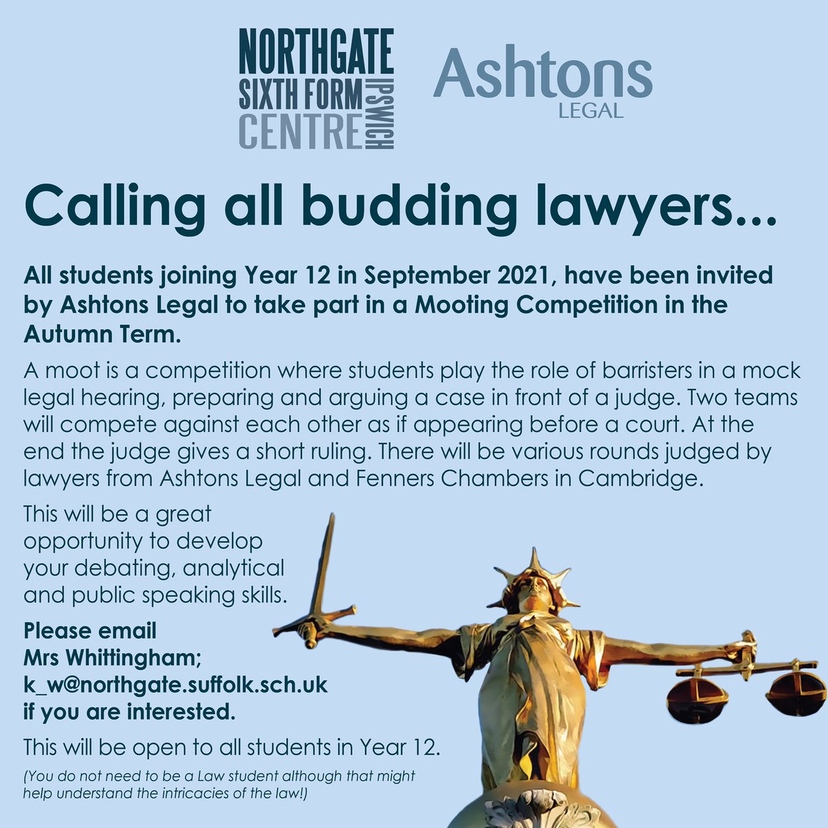northgatesixth's tweet photo. All students joining Year 12 in September 2021, have been invited by @AshtonsLegal to take part in a Mooting Competition in the Autumn Term. Please email Mrs Whittingham; k_w@northgate.suffolk.sch.uk if you are interested.
ย
#law #year12 #students #mootingcompetition #autumnterm https://t.co/fMquai1CHJ