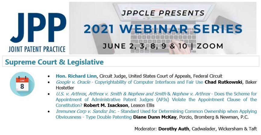 jppcle's tweet photo. #SupremeCourt &amp; #Legislative. ​​Earn #CLE ​on Tuesday, June 8, 2021 at 12:30 - 2:00 PM ET. ​​Moderator: Dorothy Auth @Cadwalader. Featured Speaker: Hon. Richard Linn, Circuit Judge, United States Court of Appeals, Federal Circuit. https://t.co/UUveXjTxaq https://t.co/gA0EYI2Si1