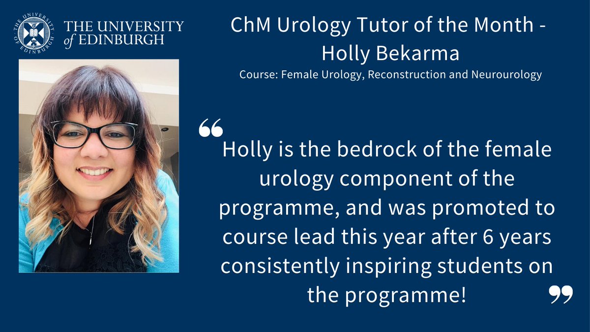Excited to announce that Holly Bekarma is our ChM Urology Tutor of the Month, nominated for her engaging teaching and timely outputs - which also saw her promoted to course lead this year! Well done Holly @HollyBekarma @edinsurg_online @BAUSurology @Uro_News @ProfG_Edinsurg