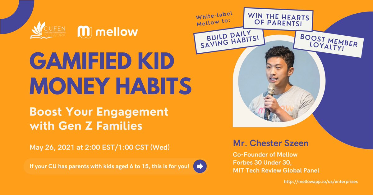 Still time to register!  If your #creditunion has parents with kids aged 6 to 15, this webinar is for you!  Gamification mixed with #financialedudcation is a great way to engage with families.  To learn more and register, visit cufen.wildapricot.org/event-4298911