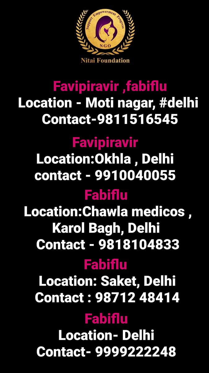 FoundationNitai's tweet photo. Medicines update for Delhi.
#delhi #Favipiravir #FabiFlu 
Note: plz don't pay in advance for anything. 
@vishakhatalreja @awwwnchal @DhannData @mrssoftmalhotra @Starkaur333 @ananyaalol @swatic12 @PoddarVaishali @bakchodherre @AmirLadka @DressesMania1 https://t.co/2ufYhAecVS