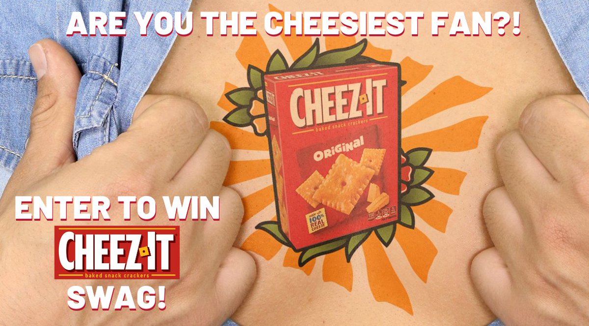 cheezit's tweet photo. On a scale of 1 to Cheez-It tattoo, how big of a fan are you? Tweet #CheezItEntry and let us know why you are Cheez-It’s cheeziest fan to WIN a year's supply of #CheezIt + some pretty cheezy swag!

No purch. nec. 16+ https://t.co/efx64SL2MY https://t.co/aiIx7UT3so