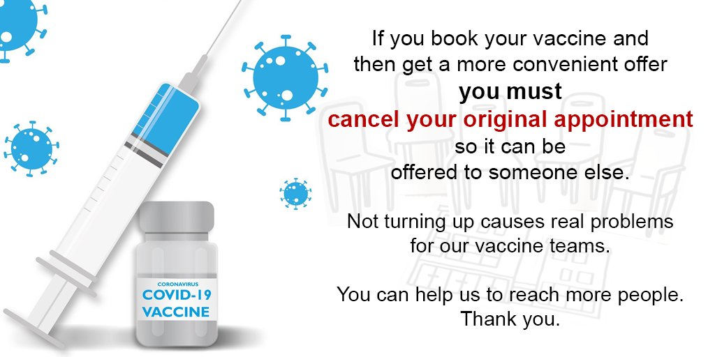 Not turning up for your vaccination appointment causes real problems for vaccine teams. Help us to reach more people by cancelling your original appointment if you get a more convenient offer. Share &amp; spread the word. Thank you. 💙😷👍 
#HelpUsHelpYou #CovidVaccines #Cumbria