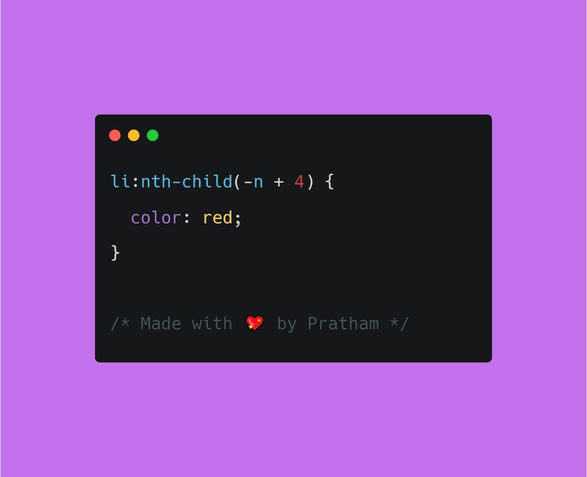 Prathkum's tweet image. CSS Pro Tip 💡
We can use negative selectors in CSS and can select element from 1 to n. For example, in this case, element from 1 to 4 will get select