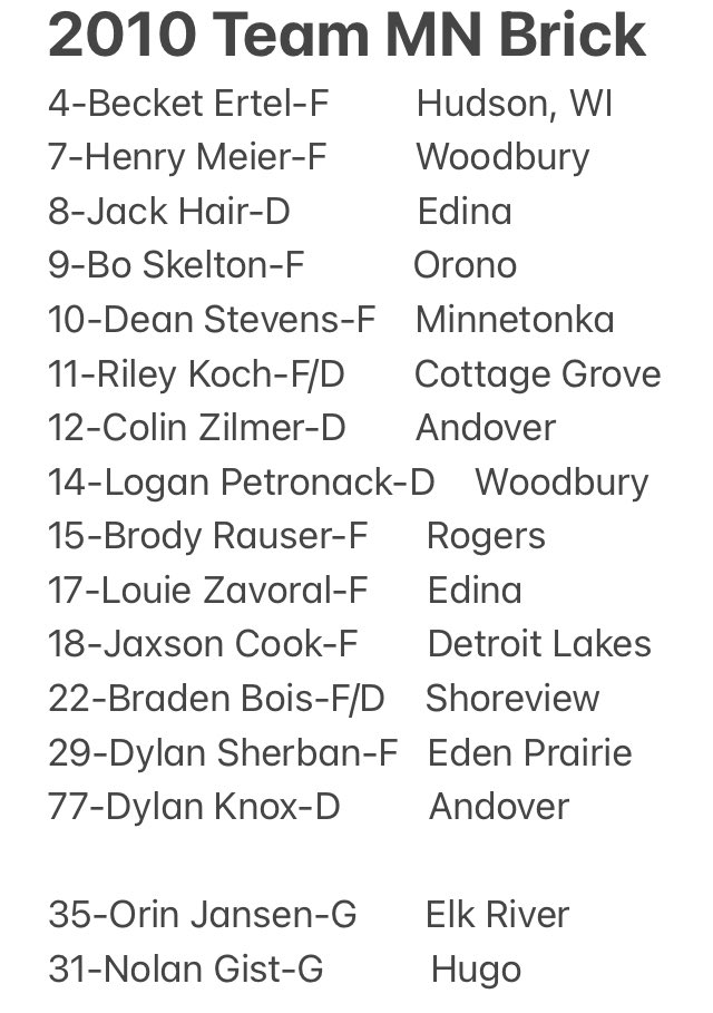 TeamMN2010Brick's tweet photo. The official 2021 “Team Minnesota 2010 Brick” team. Stay tuned for individual pics and player fun facts that will be coming in the next few weeks leading up to the showcases in Chicago and Las Vegas. #StateOfHockey @YouthHockeyHub @theBrickseries @MinnesotaBlades @brickhockey https://t.co/dTFAvdzOVW