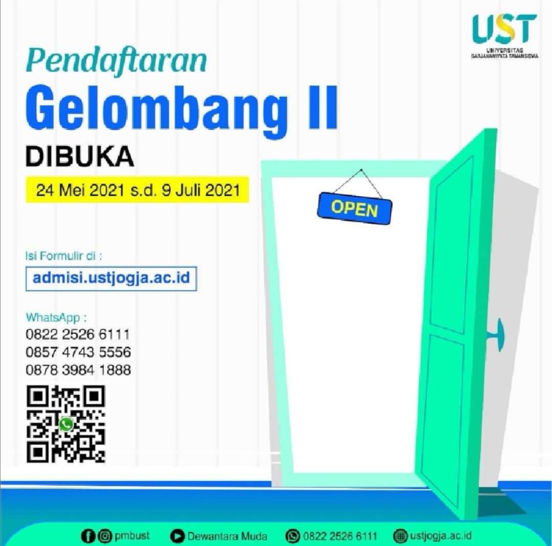 Yuk.. Segera daftar..
Sudah dibuka pendaftaran gelombang II nih..
,
,
Hub Pmb UST di 0822 2526 6111
