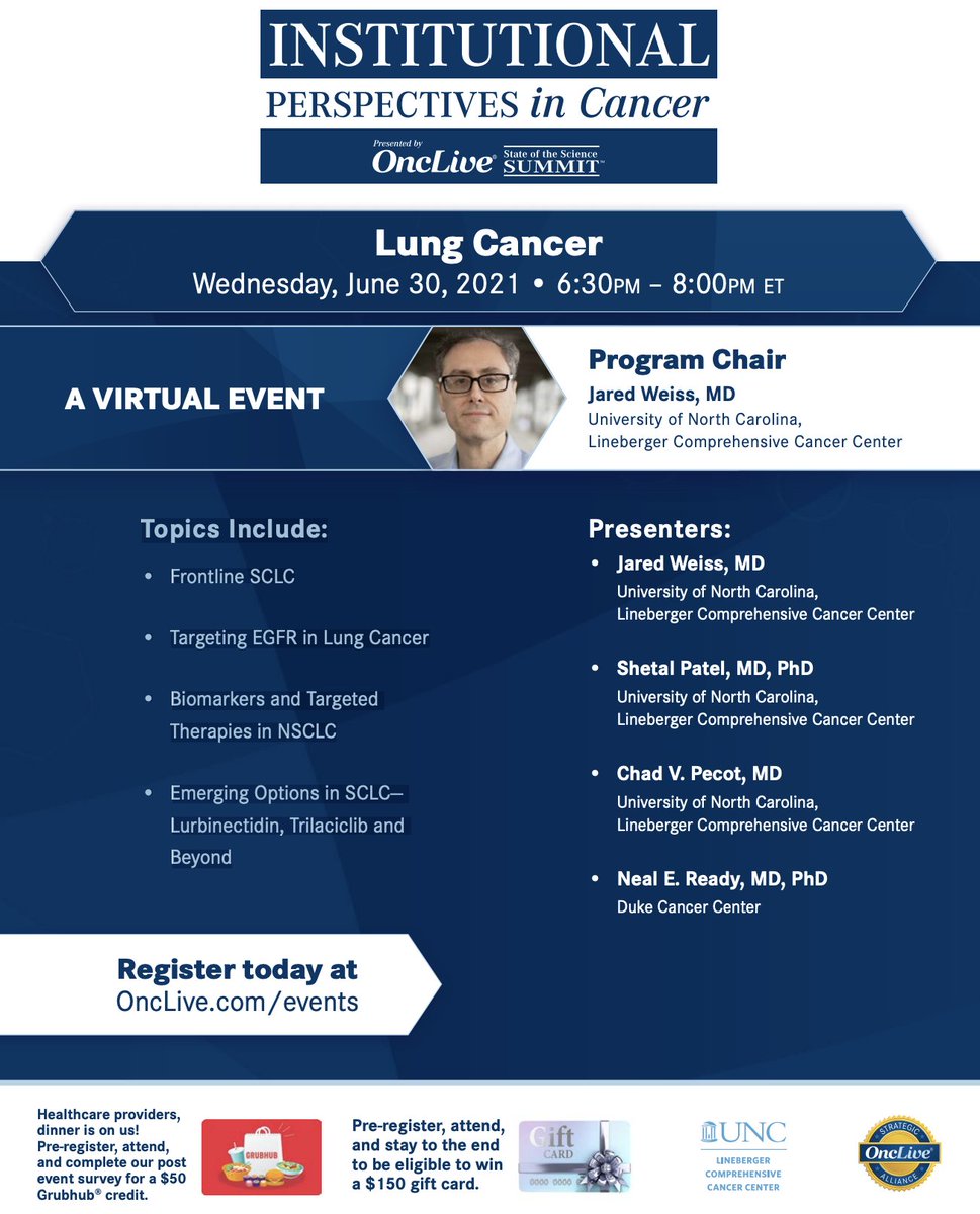Jared Weiss (@drjaredweiss) on Twitter photo Register now for Institutional Perspectives in Lung Cancer: Topics include:
• Frontline SCLC
• Targeting EGFR in Lung Cancer
• Biomarkers and Targeted Therapies in NSCLC
• Emerging Options in SCLC—Lurbinectidin, Trilaciclib and Beyond Register now for Institutional Perspectives in Lung Cancer: Topics include:
• Frontline SCLC
• Targeting EGFR in Lung Cancer
• Biomarkers and Targeted Therapies in NSCLC
• Emerging Options in SCLC—Lurbinectidin, Trilaciclib and Beyond