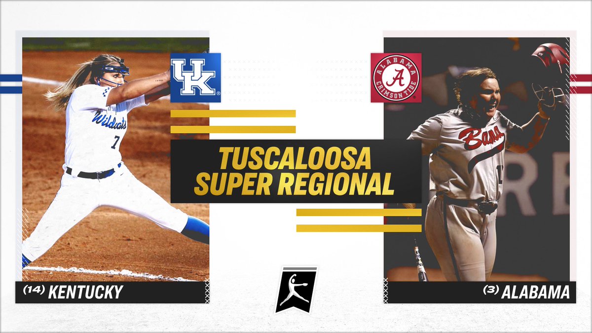 NCAASoftball's tweet photo. 📍Tuscaloosa Super Regional
(14) @UKsoftball 🆚 (3) @AlabamaSB
📅 Friday
⏰ 1:00 pm ET
📺 ESPN2

📅 Saturday
⏰ 2:00 pm ET
📺 ESPN

📅 Sunday (if necessary)
⏰ 4:00 pm ET
📺 ESPNU

#RoadToWCWS https://t.co/WfjyF1RPMR