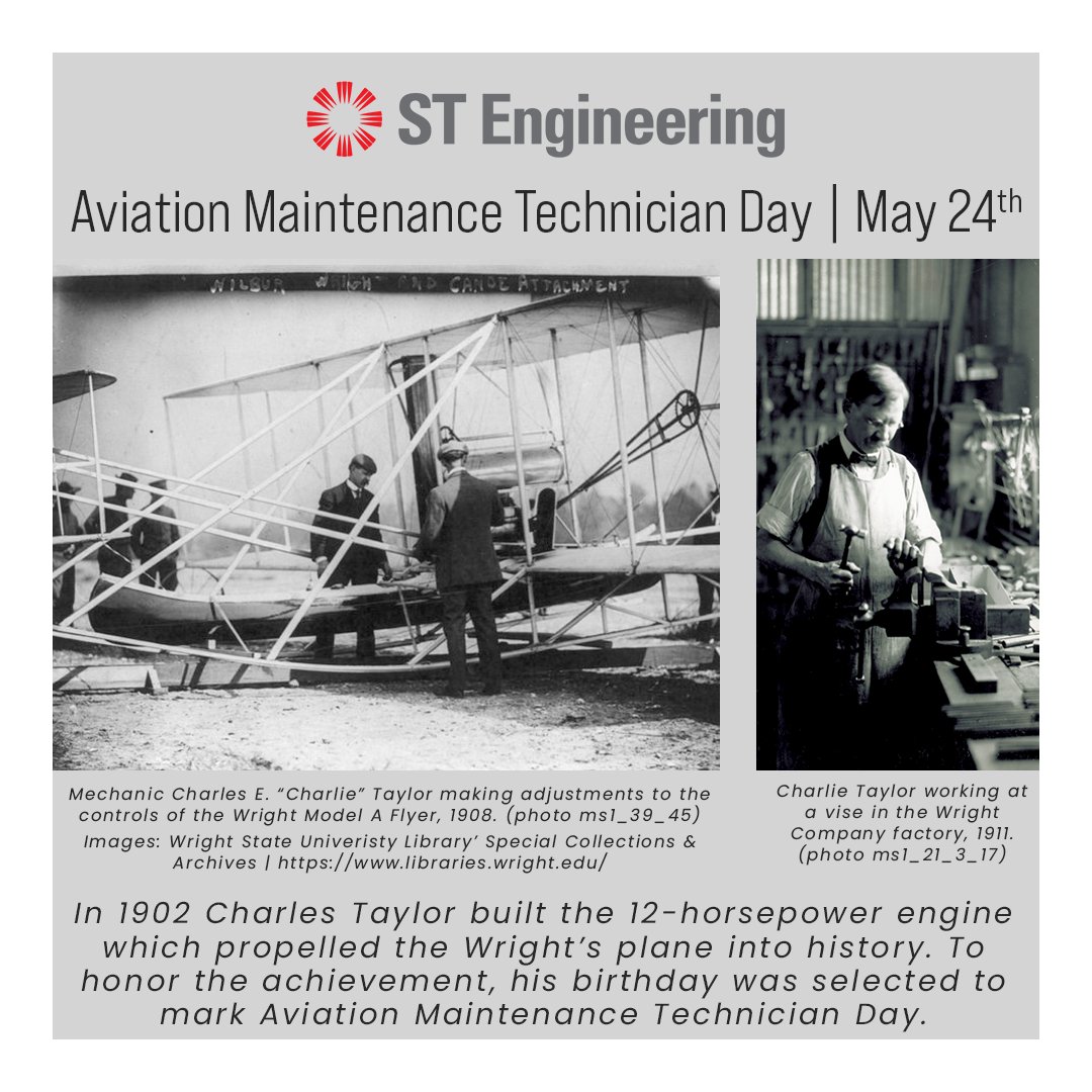 1902 Charles Taylor built the 12-horsepower engine propelled Wright’s plane into history. #AviationMaintenanceTechnician Day. Thanks to everyone who work behind the scenes as aviation maintenance professionals.
#aviationhistory #STEngineering #STENA #MRO #Aerospace #mro