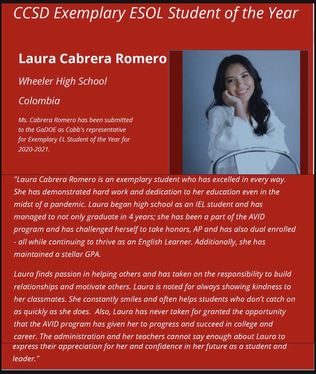 Wildcat Nation! It is with great pleasure to announce our Exemplary EL Student for ‘21. The GaDOE ESOL Language Program recognizes exemplary English Learner. Laura was also picked to be the districts Exemplary ESOL Student of the Year and her name has been submitted to the GaDOE!