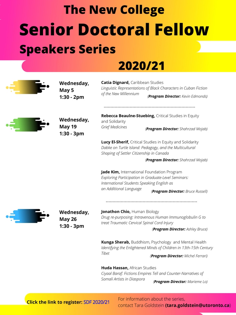 This Wednesday is our last Senior Doctoral Fellow speakers series! Click here to register:  newcollege.utoronto.ca/academics/seni…
