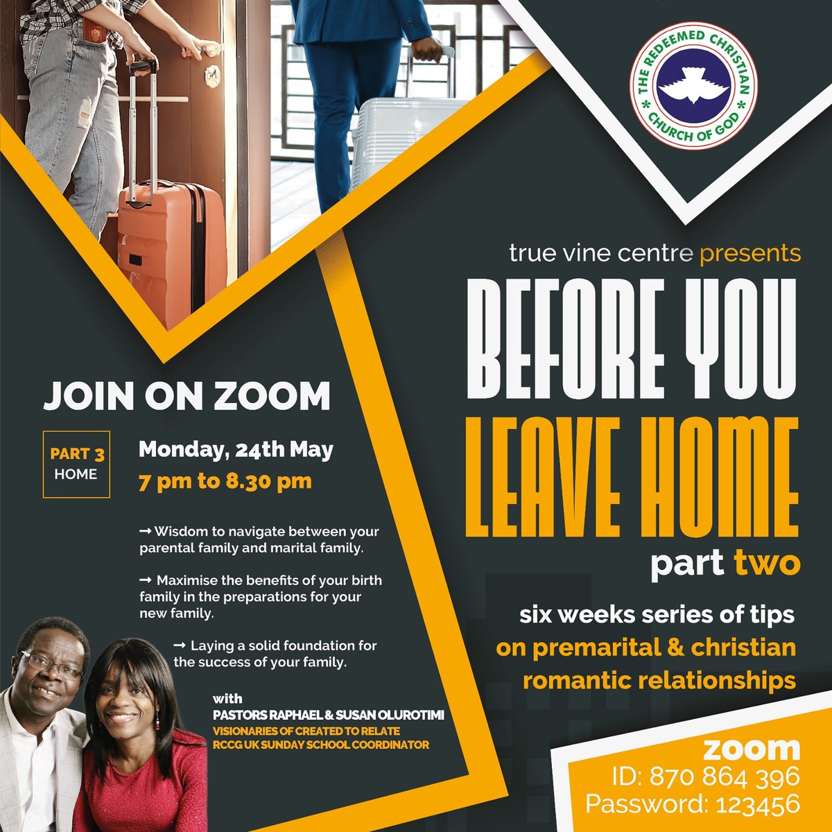 truevinecentre's tweet photo. Last Episode Tonight (24 May) - Before You Leave Home: Season 2

Special guests: Pastors Raphael and Susan Olurotimi - Visionaries of 'Created to Relate'.

Time: 7 pm to 8:30 pm

Online on Zoom: https://t.co/RAAlRZXPE9 (Meeting ID: 870 864 396, password: 123456)

See you online! https://t.co/QyxyJI8hIP
