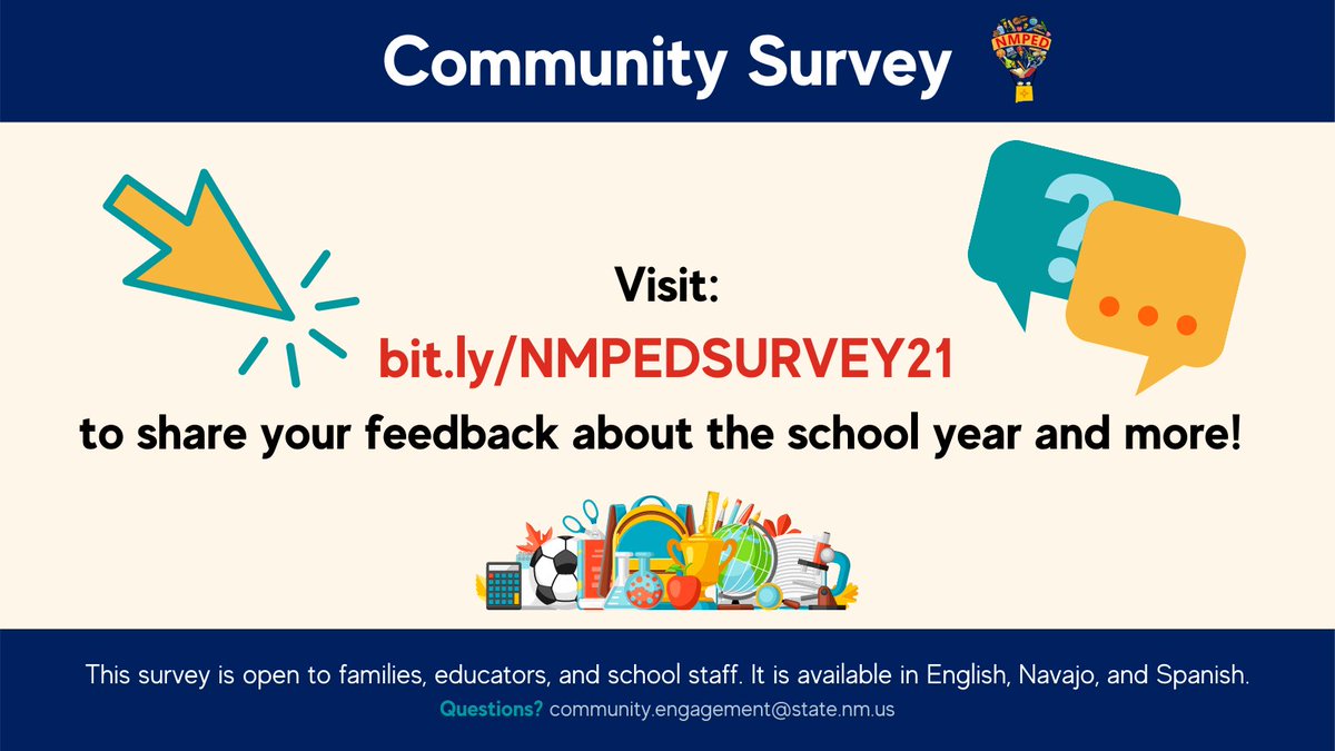 NMPED's tweet photo. What was this year like for you? The NM PED wants families, educators &amp; school staff to tell us about your pandemic year. Complete this short survey: https://t.co/KZkmL7pzuF https://t.co/YcHwhe7dv8