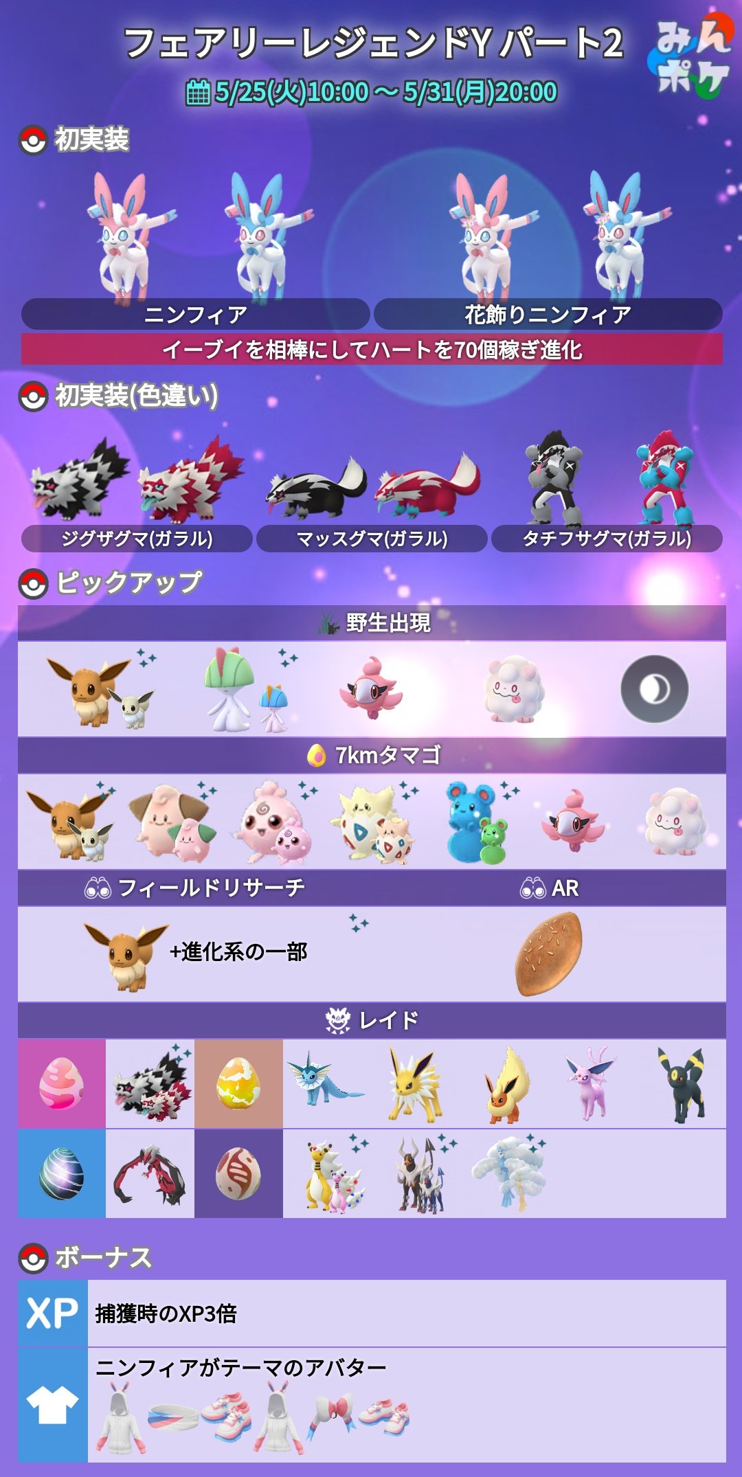 Twitter 上的 ポケモンgo攻略 みんポケ フェアリーレジェンドy パート2まとめ 開催期間 5月25日 火 10 00 5月31日 月 00 ニンフィア 色違いジグザグマが実装 タイムチャレンジはパート1のものが継続 Arタスクのリワードにポフィン 捕獲時xp3倍 ニンフィア