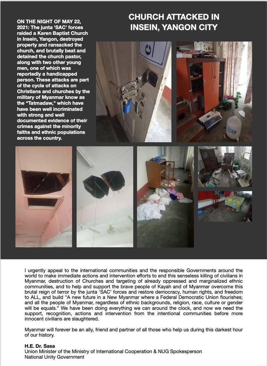 H.E.Dr.Sasa makes an urgent appeal to international authorities to take concrete steps to senseless killings of Junta, the destruction of churches, and the positioning of Myanmar's already marginalized ethnic groups. #May24Coup #WhatsHappeningInMyanmar