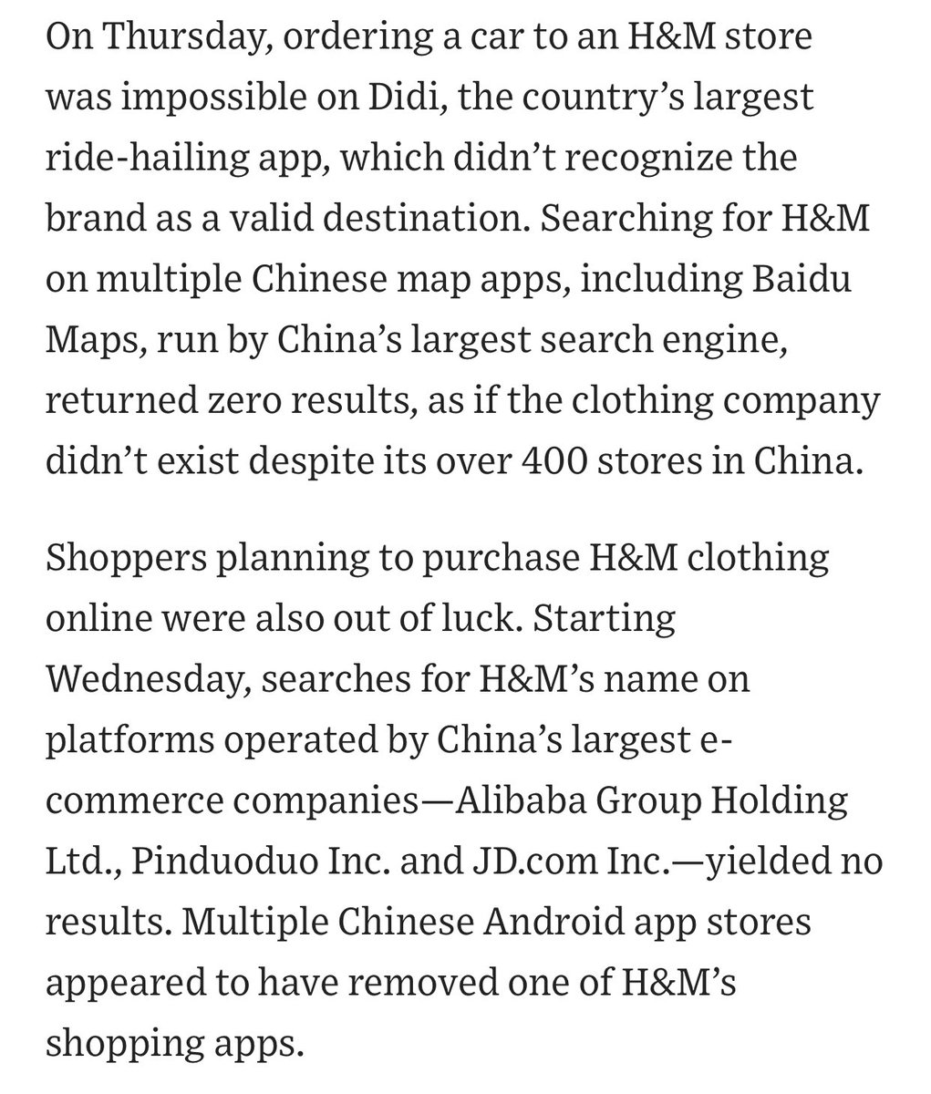 We all know China has blocked foreign technology companies in the country, but check out what they did to H&amp;M when H&amp;M announced that they would no longer be buying Xinjiang cotton.

wsj.com/articles/h-m-i…