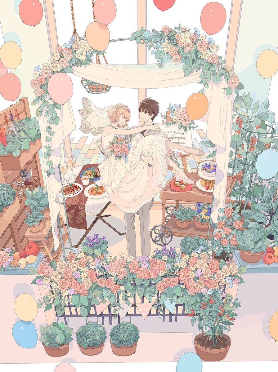1girl 1boy dress carrying couple flower balloon  illustration images
