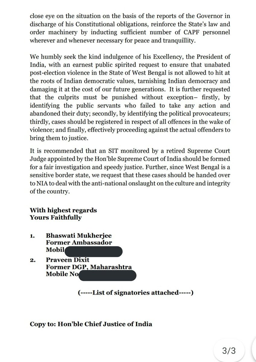 AninBanerjee's tweet photo. After 2093 advocates approach the CJI over #BengalViolence , eminent citizens  petition Prez Kovind over same issue. It has been signed by 146 retired persons consisting of

1. Judges 17
2. IAS and Other Civil Officers 31
3. IPS 32
4. Ambassadors 10
5. Armed forces officers 56 https://t.co/3JoRgpJhhZ