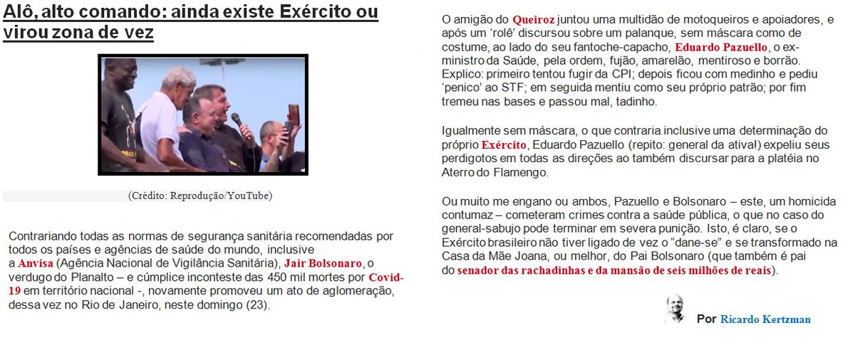 xlisPF's tweet photo. ALÔ, ALTO COMANDO: AINDA EXISTE EXÉRCITO OU VIROU ZONA DE VEZ
O amigão do Queiroz juntou uma multidão de motoqueiros e apoiadores, e após um ‘rolê’ discursou sobre um palanque, sem máscara, ao lado do seu fantoche-capacho, Eduardo Pazuello
@RicardoKertzman
https://t.co/xQG7gspUXr https://t.co/bRzyVHIj7W