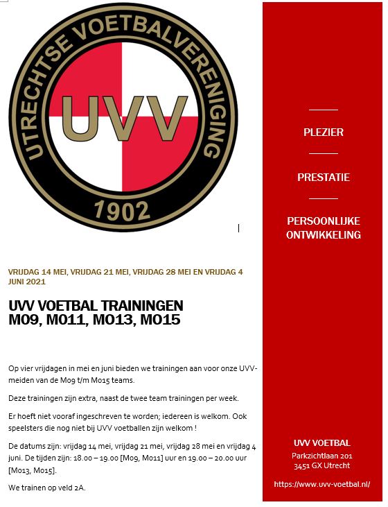Kom langs voor de meidentechniektraining bij UVV! Deelname is GRATIS en je kunt je melden op veld 2 bij UVV te Utrecht.
Op 28 mei en 4 juni 2021.
