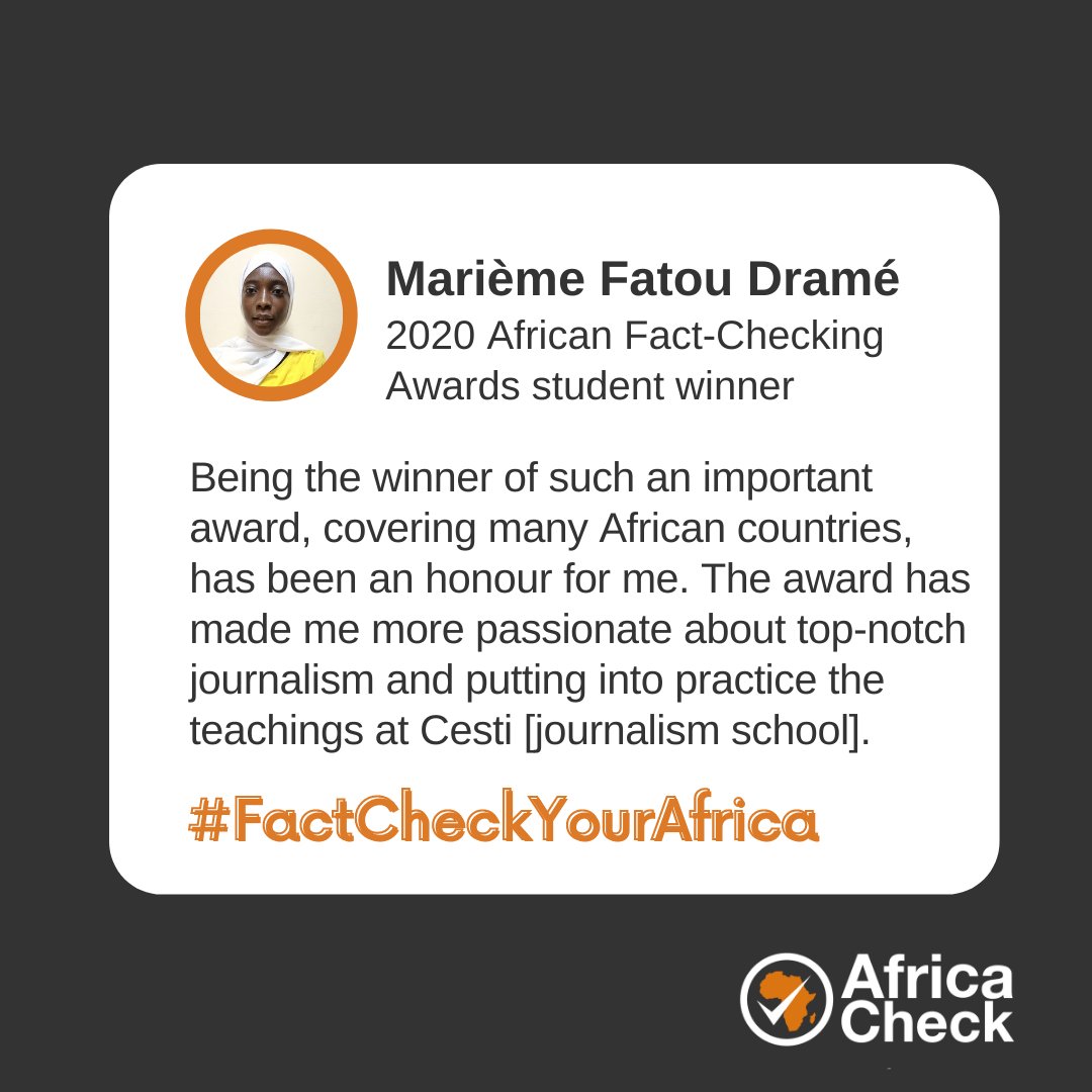 AfricaCheck's tweet photo. We’re looking for student journalists who are always looking for the facts behind the stories. 

Follow in Marième Fatou Dramé's footsteps &amp; you could win at the African Fact-Checking Awards. @FatouMarieme
 
Enter to show us how you #FactCheckYourAfrica: https://t.co/pDAXV7uGqn https://t.co/rov66fA13c