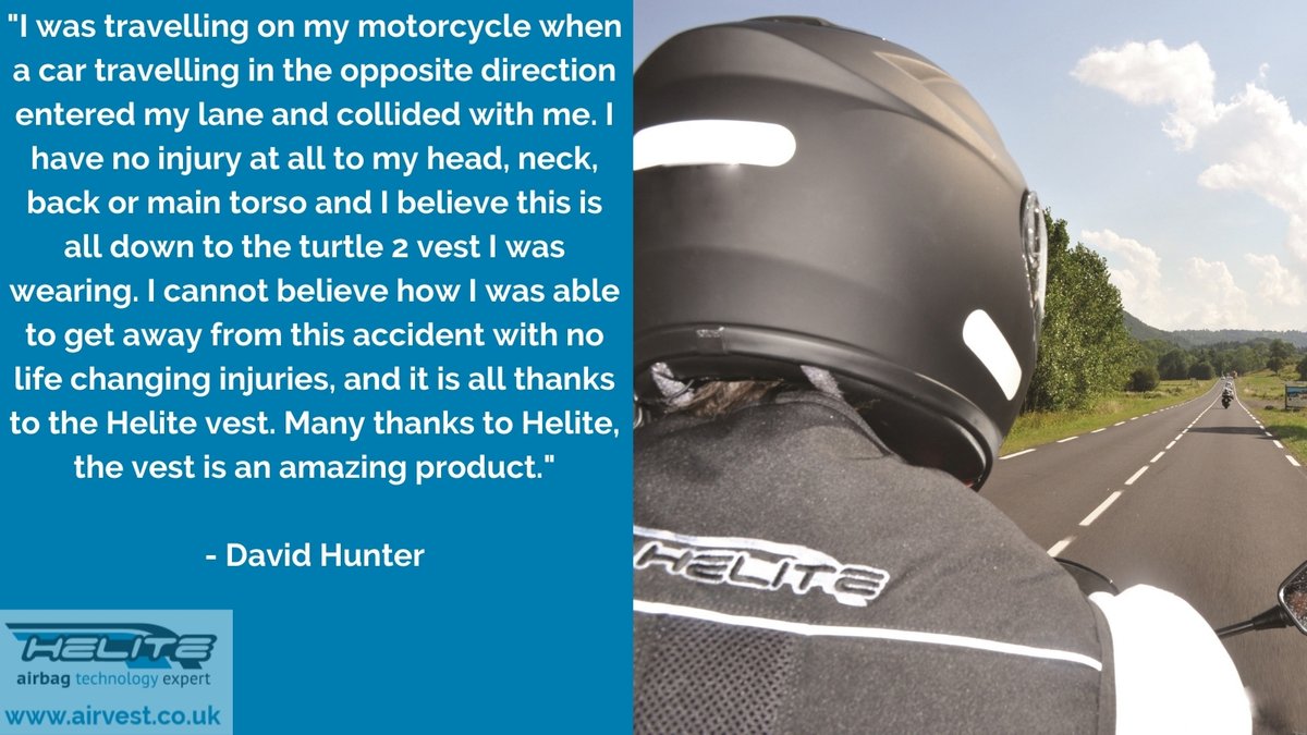 AIRVEST's tweet photo. Hearing about how our #Helite #Turtle2 #airvest helped save David from life changing injuries just supports why we believe ALL bikers should wear one. @THINKgovuk @RoSPA @HighwaysEngland @TfL @Brakecharity #RoadSafetyGB #roadsafetytrust #RoadSafetyScotland #RoadSafetyFoundation https://t.co/wdJ0IycSUs