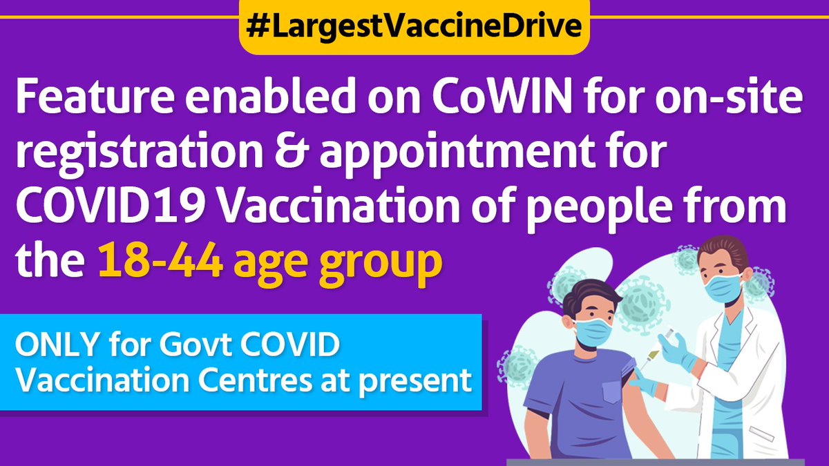 On-site registration allowed for 18-44 age group on #CoWIN portal

An inividual can also book the vaccination beforehand on the #CoWIN portal for up to 4 beneficiaries with a mobile no

Subject to state/UT govts

<a href="/MoHFW_INDIA/">Ministry of Health</a> <a href="/mla_sudhakar/">Away promo code first order 2025</a> <a href="/CovidKarnataka/">ಕೋವಿಡ್ ಕರ್ನಾಟಕ</a> <a href="/karnataka_team/">Karnataka Fights Corona</a>