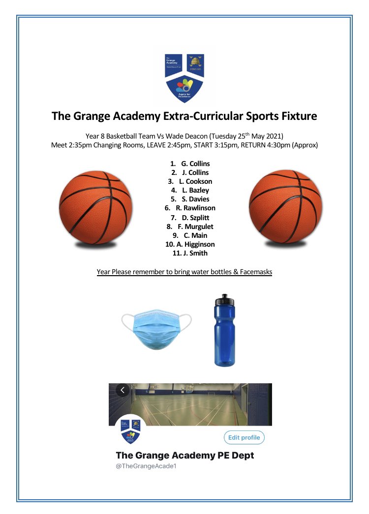 TheGrangeAcade1's tweet photo. 🚨Y7/Y8 Fixtures tomorrow(TUE)🚨
Y7 ⚽️🏐 HOME vs @stchadsschool 
Y8 🏐 HOME vs @stchadsschool 
Y8 🏀 AWAY vs @WadeDeaconPE 
All students to meet at the changing rooms 2:25pm. 🚌 leaves 2:45pm. Fixtures Finish 4:30pm (Approx) @Grange_School https://t.co/h5GSLmswwa