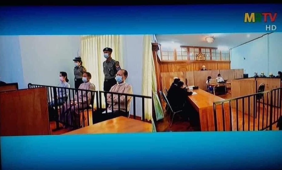 Myanmar’s state-run television channel shows detained civilian leader Aung San Suu Kyi, president Win Myint court hearing which was held at a “special court” in Naypyidaw earlier today. No media access was allowed to secluded session in unknown location.
#WhatsHappeningInMyanmar
