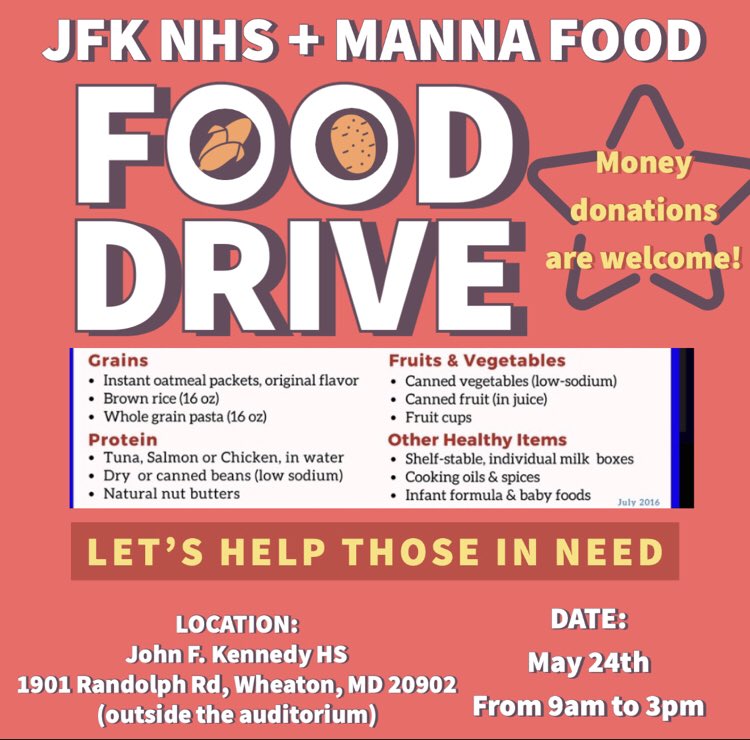 TODAY: come out to the JFK NHS food drive. Food and money donations are welcome. STUDENTS CAN EARN HOURS!!